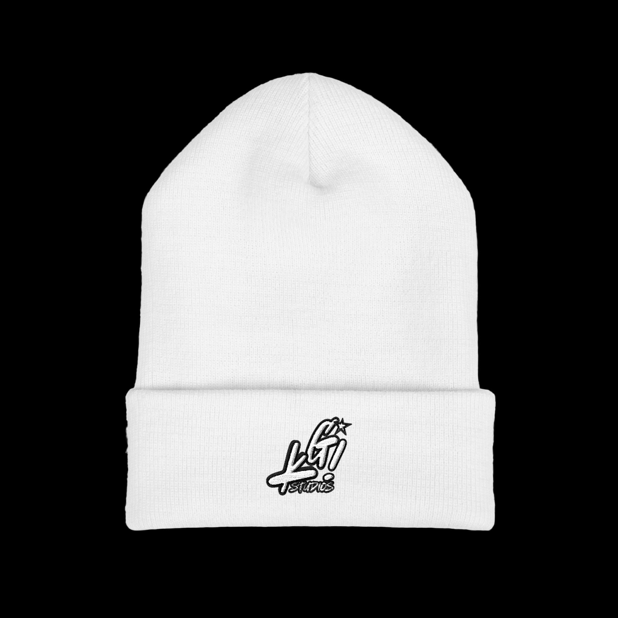White beanie with a black logo on a white background