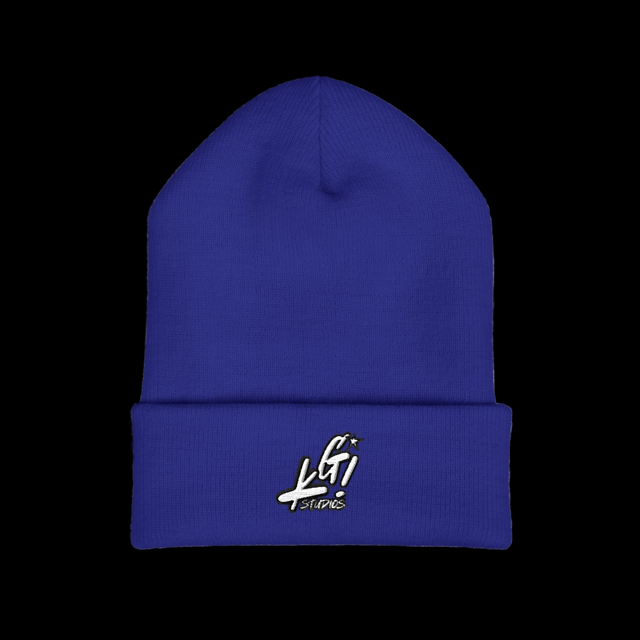 Blue beanie with a logo on a white background