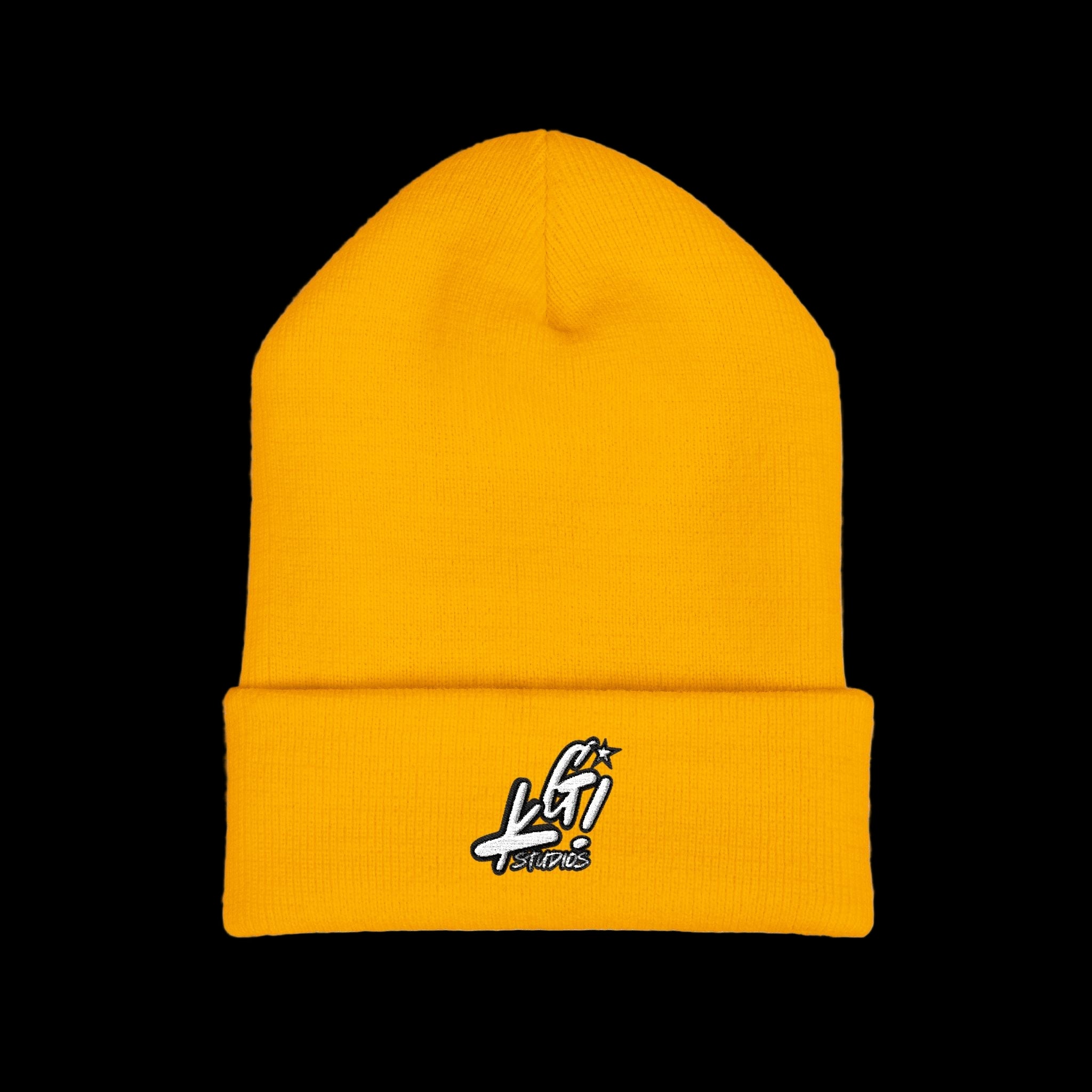 Yellow beanie with a logo on a white background