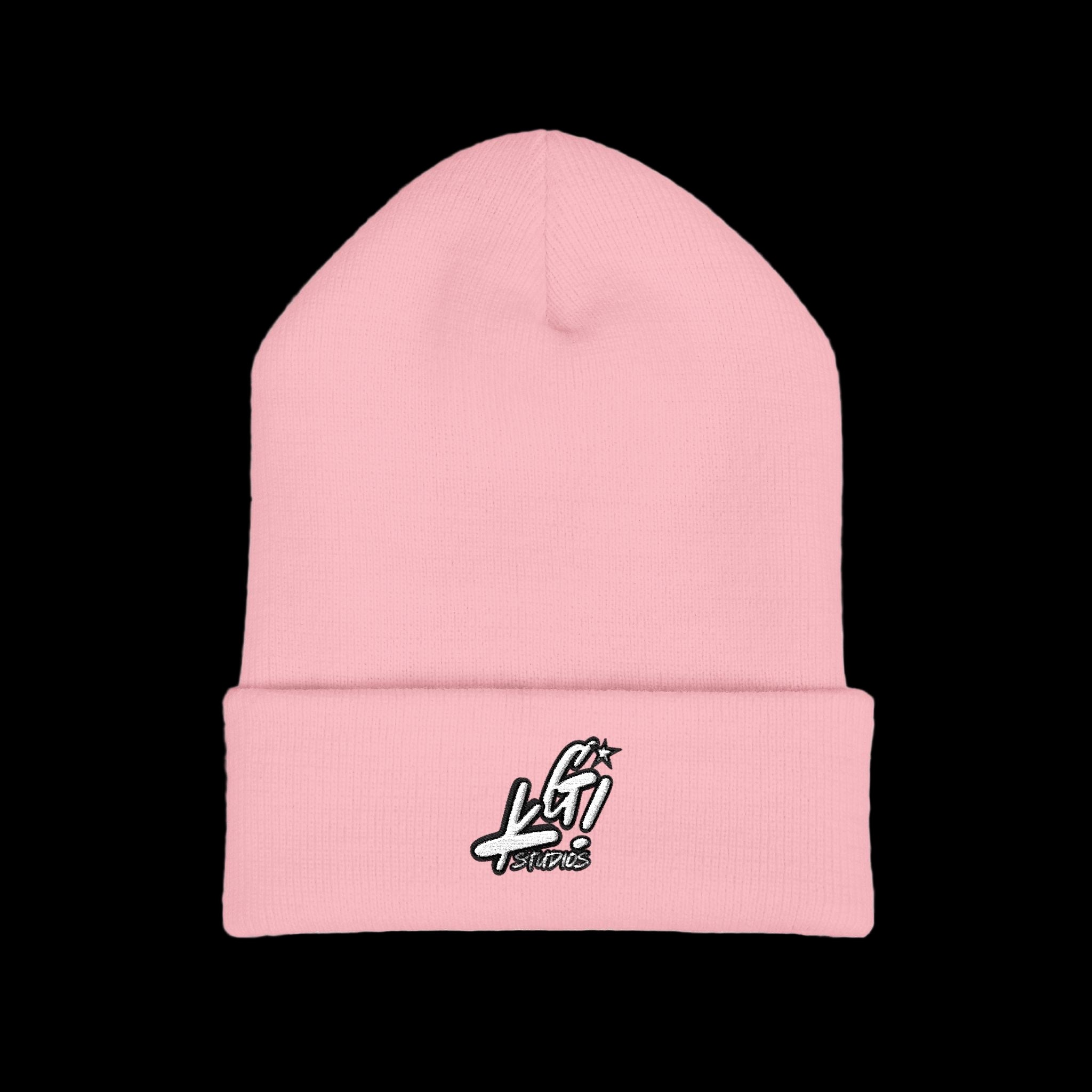 Pink beanie with a logo on a white background